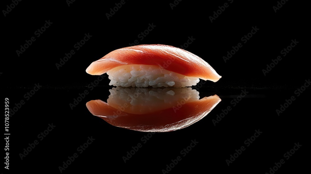 Artful arrangement of salmon nigiri sushi featuring a glossy, pink slice of fish resting atop sticky rice, perfect for food photography with minimal styling Artful arrangement of salmon nigiri sushi featuring a glossy, pink slice of fish resting atop sticky rice, perfect for food photography with minimal styling