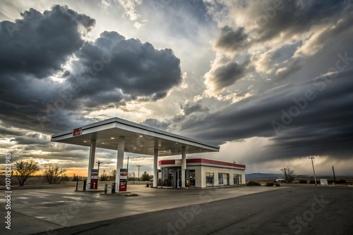 Gas Station Architecture Against a Dramatic Cloudy Sky: Captivating Views of Modern Fuel Stations Amidst Overcast Weather Conditions