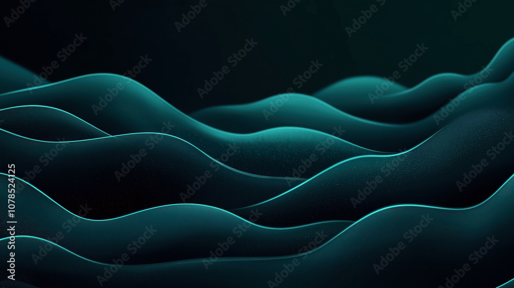 Abstract digital illustration of wavy flowing lines with a dark turquoise color gradient, creating a smooth, undulating texture that resembles gentle sea waves in a dark atmosphere.