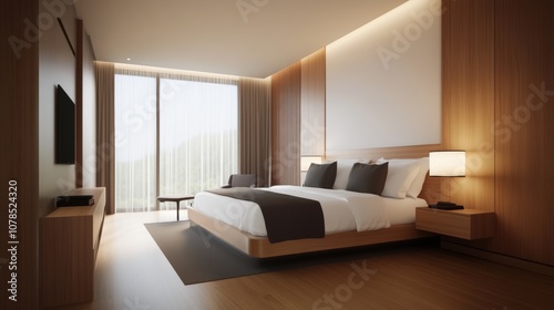 Modern hotel bedroom featuring minimalist design with large windows and warm lighting