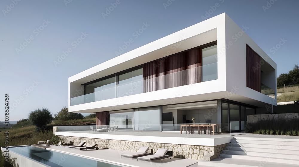 Fototapeta premium Subtle shades play on the surface of a white minimalistic modern house AI generated illustration