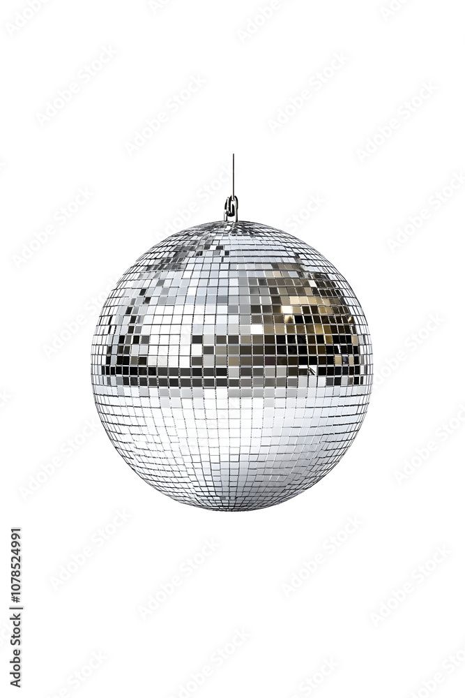 Fototapeta premium Glistering Silver Disco Ball for Clubbing and Dance Party with Flash Glasses on White Background: Generative AI