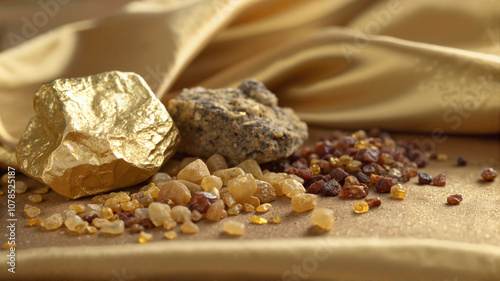 Gold, frankincense, and myrrh on soft golden fabric. 