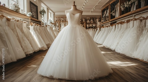 Elegant white wedding dress on a mannequin in a bridal shop, perfect for showcasing luxury wedding attire and marriage celebration concepts