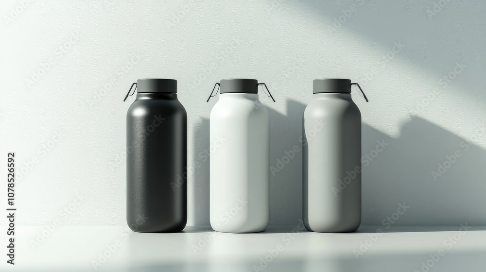 High-end thermos bottle in white, gray, and black colors, placed on a smooth white surface for a clean aesthetic