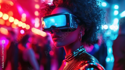 Woman Wearing VR Headset in a Neon Nightlife Scene