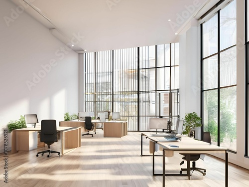 A spacious office featuring a blank wall, sleek wooden flooring, and desks equipped with computers. Showcasing a modern interior design concept, rendered in 3D