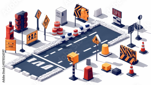 Illustration of Road Construction, Traffic Signs and Barriers