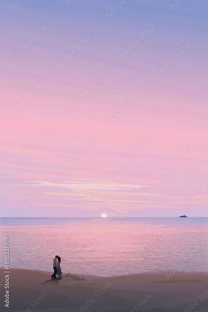 Seascape with couple of lover kissing silhouetted at cliff have twilight sky vertical background graphic illustration. Valentine day illustrated concept have blank space. Seascape with couple of lover kissing silhouetted at cliff have twilight sky vertical background graphic illustration. Valentine day illustrated concept have blank space.