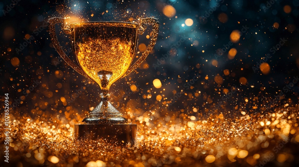 A stunning cup stands amidst a whirlwind of glittering golden lights and glowing particles, embodying themes of success, recognition, and artistic brilliance. A stunning cup stands amidst a whirlwind of glittering golden lights and glowing particles, embodying themes of success, recognition, and artistic brilliance.