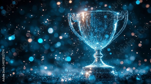 A radiant blue trophy is surrounded by a cascade of shimmering blue lights and particles, creating a serene, elegant atmosphere of tranquility and accomplishment.