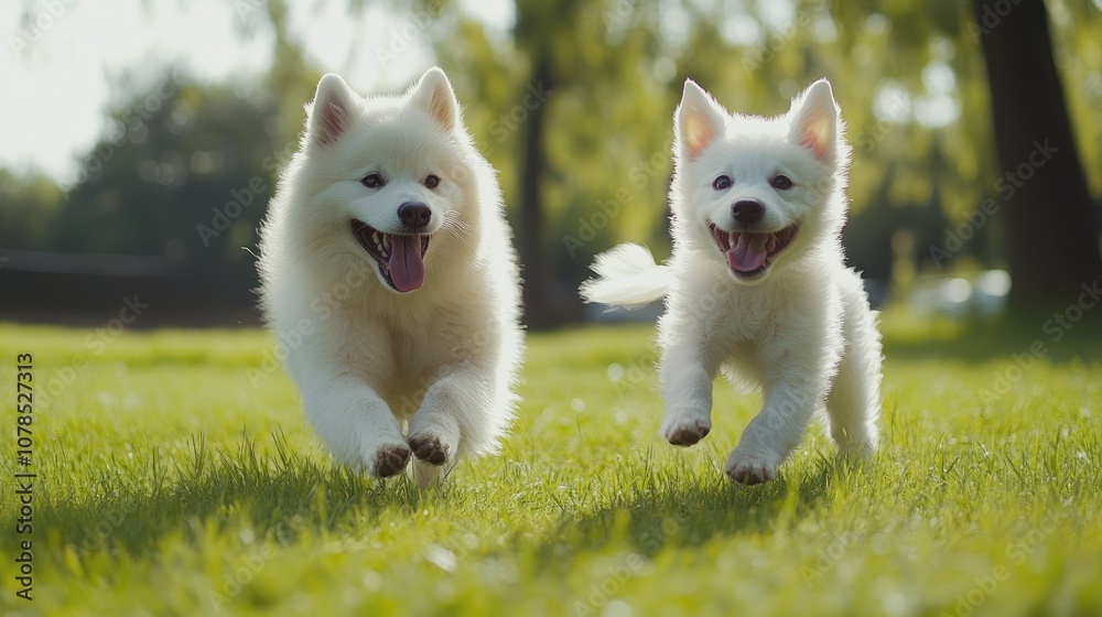 Samoyed dog and a white mixed-breed puppy on a bright green grass field, looking joyful and playful Samoyed dog and a white mixed-breed puppy on a bright green grass field, looking joyful and playful