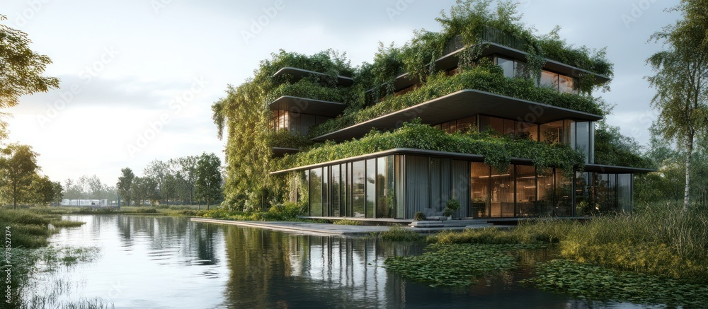 Modern, multi-level green building with a pond in front. Modern, multi-level green building with a pond in front.