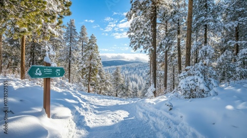 Snowy forest landscape with a trail sign and snow-laden pine trees, offering a peaceful winter escape for nature lovers