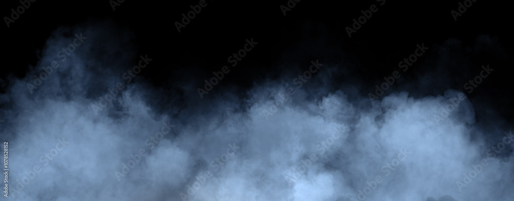 Panoramic view blue misty fire smoke on isolated background. Abstract texture overlays for copyspace. Stock illustration. Panoramic view blue misty fire smoke on isolated background. Abstract texture overlays for copyspace. Stock illustration.