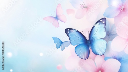Beautiful spring background with flying butterflies and flowers. Pink and blue pastel colors with copy space