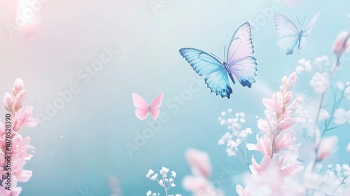 Wallpaper Mural Beautiful spring background with flying butterflies and flowers. Pink and blue pastel colors with copy space Torontodigital.ca