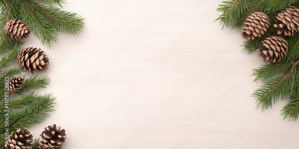 White wooden background with pine tree branches and cones, forming the shape of an arch on top. Christmas card template for design, photographed from above. White wooden background with pine tree branches and cones, forming the shape of an arch on top. Christmas card template for design, photographed from above.