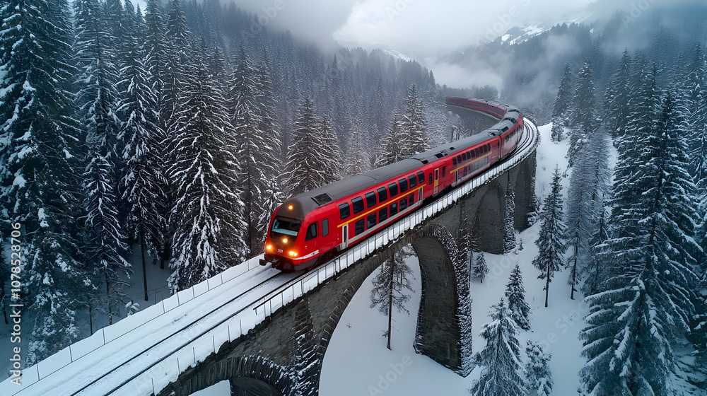 Red Train on Snowy Mountain Viaduct - Photo Red Train on Snowy Mountain Viaduct - Photo