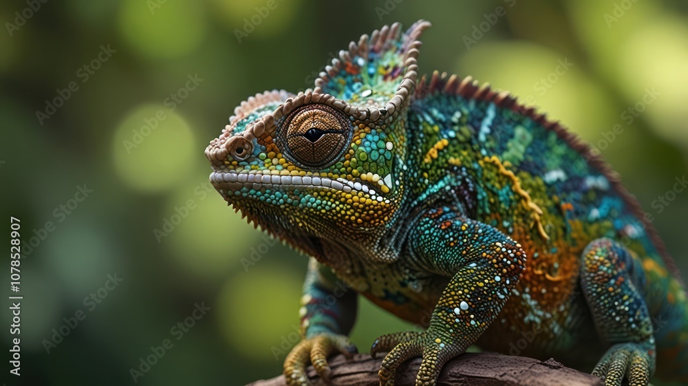A vibrant green chameleon with a blue and orange pattern, perched on a branch, looking to the side.