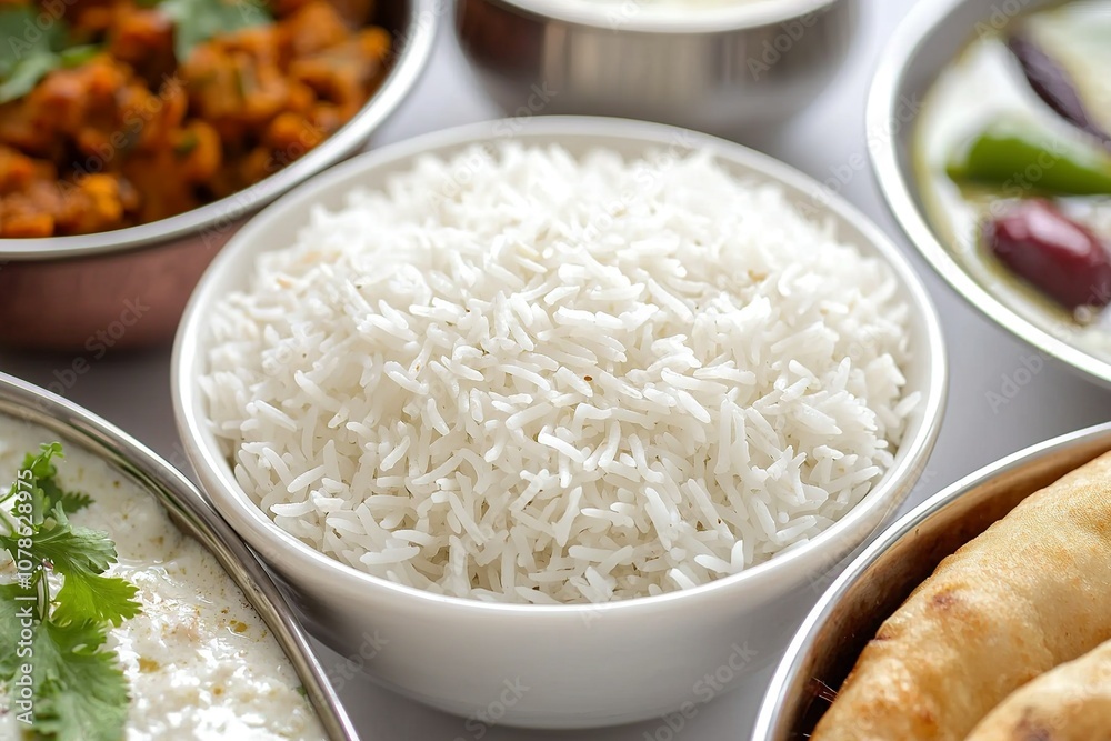 A bowl of white rice on the table, surrounded by other dishes with Indian... A bowl of white rice on the table, surrounded by other dishes with Indian...