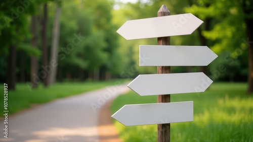 Realistic outdoor wayfinder signs mockup with blank directional boards, perfect for natural settings.