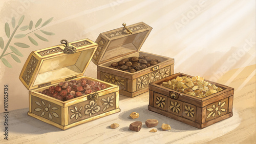 Open chests with frankincense, myrrh, and gold in soft light.
