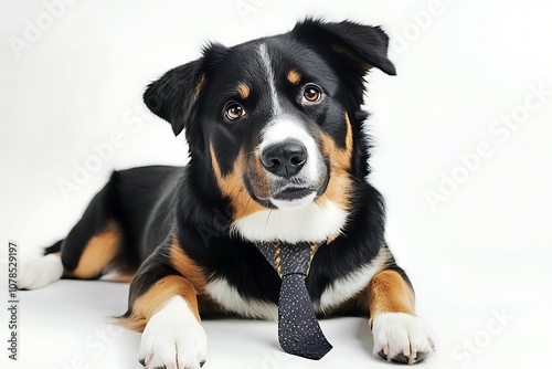 Studio shot of an adorable appenzeller sennenhund dog wearing a tie while lying on white background photo