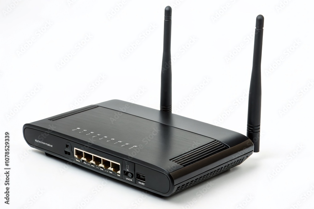 Fototapeta premium High-Resolution Image of a Black WiFi Router Isolated on a White Background, Showcasing Modern Internet Communication Hardware for Online Connectivity Solutions
