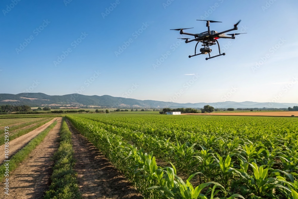 High-Tech Agrodrone Analyzing Agricultural Fields in a Smart Farming Environment with Ample Copy Space for Innovative Technology Promotion and Marketing High-Tech Agrodrone Analyzing Agricultural Fields in a Smart Farming Environment with Ample Copy Space for Innovative Technology Promotion and Marketing