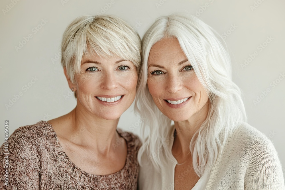 A close-up portrait of two beautiful women in their late forties, one with... A close-up portrait of two beautiful women in their late forties, one with...