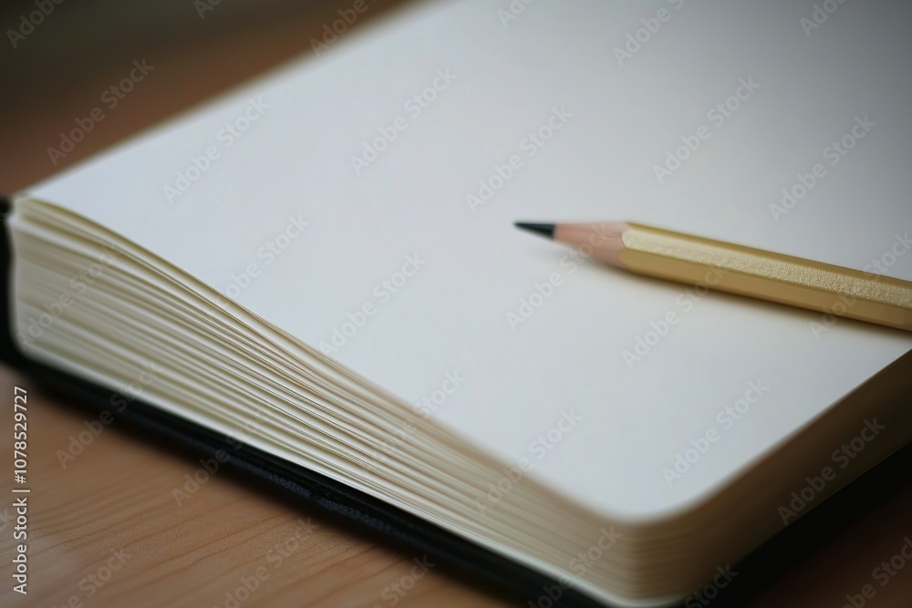 A close-up of an open notebook with blank white pages and a pencil, placed on... A close-up of an open notebook with blank white pages and a pencil, placed on...