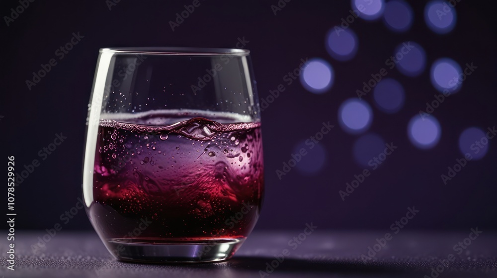 Purple drink with ice in a glass with a blurry background of purple lights. Purple drink with ice in a glass with a blurry background of purple lights.