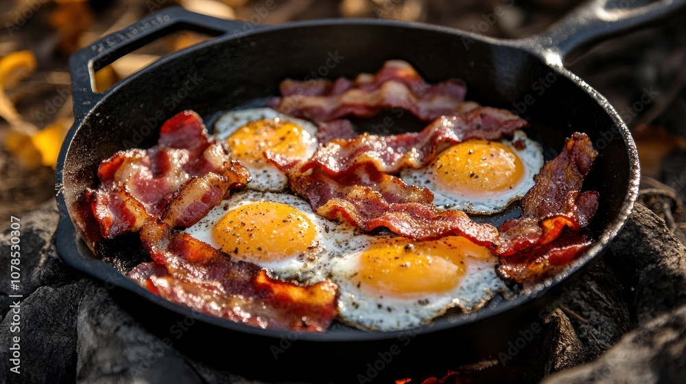 Crispy Bacon and Sunny-Side Up Eggs in a Cast Iron Skillet Crispy Bacon and Sunny-Side Up Eggs in a Cast Iron Skillet