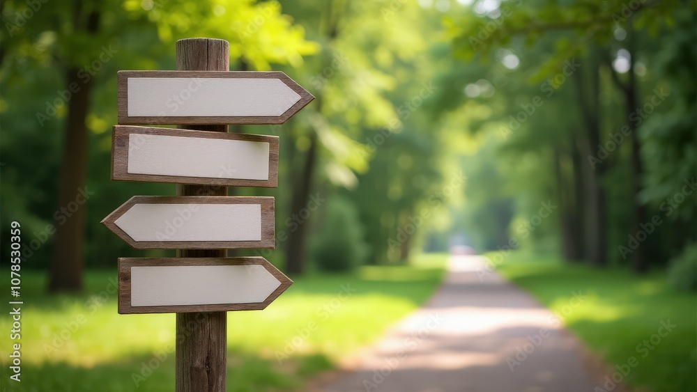 Realistic outdoor wayfinding sign systems mockup with blank directional boards on a metal post in nature.