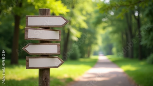 Obraz na płótnie Realistic outdoor wayfinding sign systems mockup with blank directional boards on a metal post in nature. w salonie