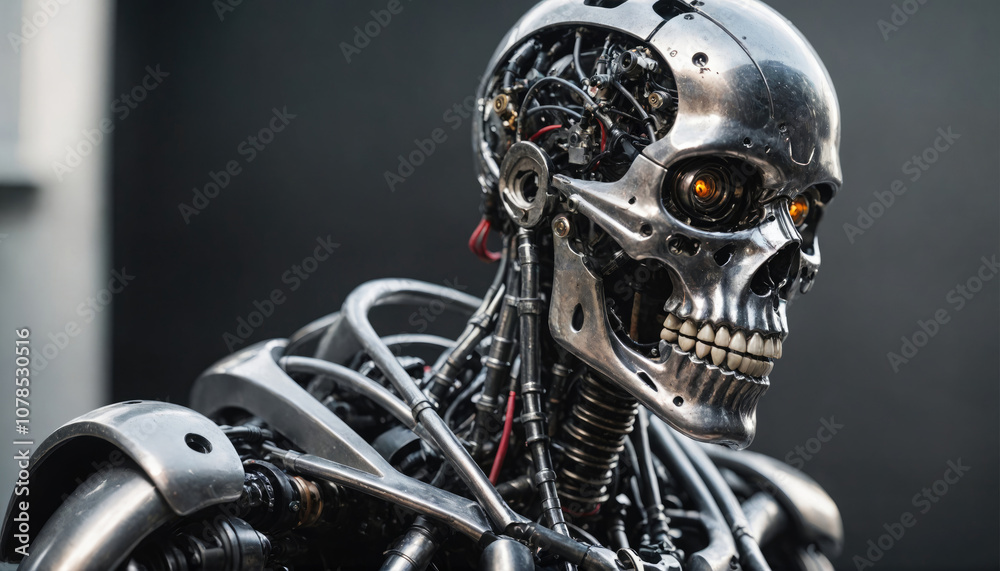 A close-up of a robot's skull with glowing red eyes A close-up of a robot's skull with glowing red eyes