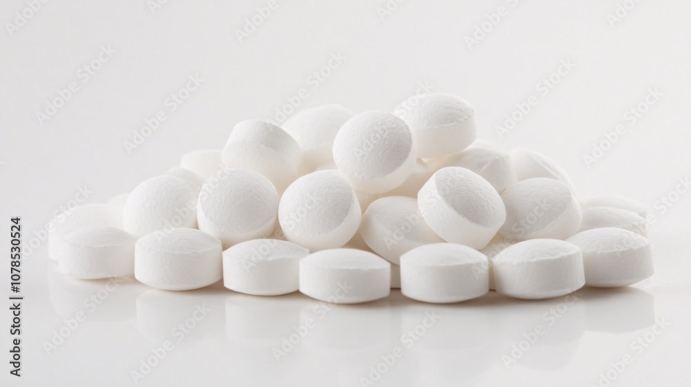 Close-up of a pile of white pills on a reflective white surface, evoking themes of medicine, health, and wellness. Ideal for pharmaceutical, healthcare, or medical imagery. Close-up of a pile of white pills on a reflective white surface, evoking themes of medicine, health, and wellness. Ideal for pharmaceutical, healthcare, or medical imagery.