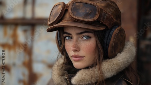 A young woman with freckles and blue eyes, wearing a brown leather aviator helmet and headphones.  She is looking directly at the camera with a serious expression. photo