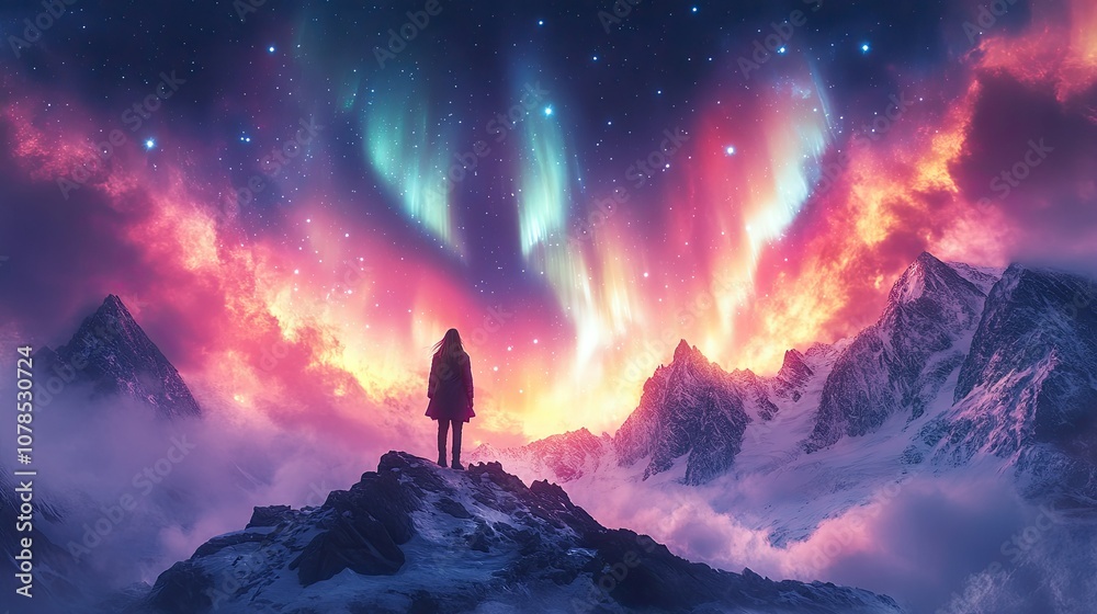 A lone figure stands on a snowy mountain peak, gazing up at a vibrant aurora borealis display in the night sky. A lone figure stands on a snowy mountain peak, gazing up at a vibrant aurora borealis display in the night sky.