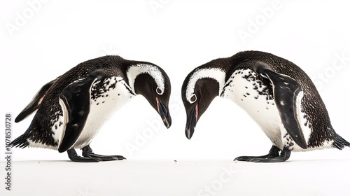 two penguins on white backgroun looking down