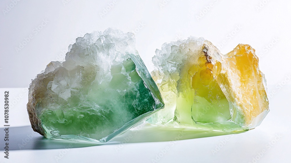 Green and Yellow Crystal Formations on White Background - A Captivating Display of Earth's Natural Beauty Green and Yellow Crystal Formations on White Background - A Captivating Display of Earth's Natural Beauty