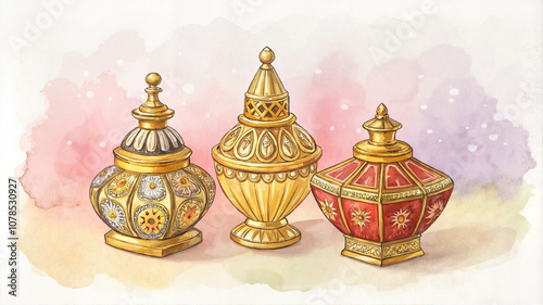 Intricately designed Magi gifts with gold accents and colorful patterns.
