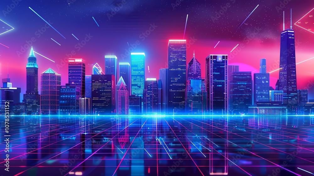 A retro-futuristic cityscape with neon lights and a glowing grid in the foreground. A retro-futuristic cityscape with neon lights and a glowing grid in the foreground.