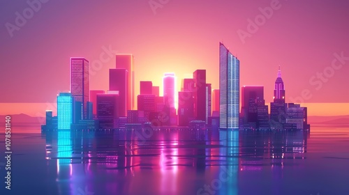 A retro-futuristic cityscape with a pink sky and glowing buildings reflecting in the water.
