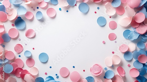 A frame of pink and blue confetti on a white background, leaving space for text.