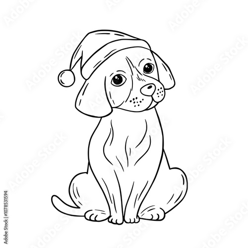 Santa Dog. Black and white hand drawn portrait. Cute dog face in line. Dog head with santa hat. Outlline. christmas card.