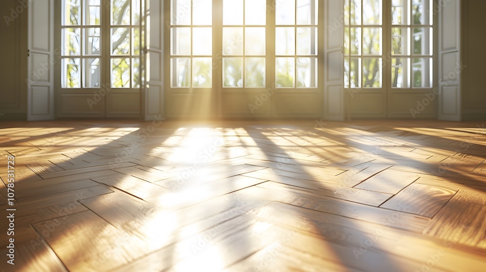 Sunlit room with natural shadows on a wooden parquet floor AI generated illustration Sunlit room with natural shadows on a wooden parquet floor AI generated illustration