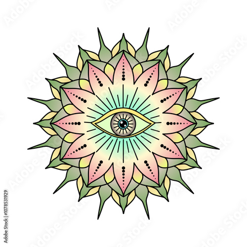 Mandala with an all seeing eye at the center on white background.