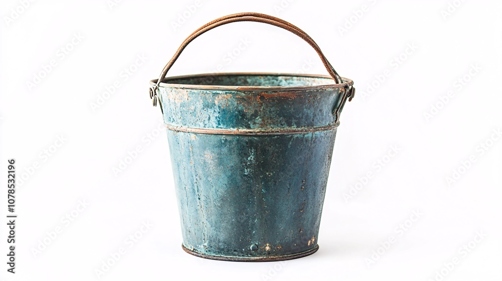 Rustic Teal Metal Bucket: An Antique, Weathered Pail with a Copper Handle, Isolated on White. Perfect for Vintage or Farmhouse Decor. Add a Touch of History to Your Home. Rustic Teal Metal Bucket: An Antique, Weathered Pail with a Copper Handle, Isolated on White. Perfect for Vintage or Farmhouse Decor. Add a Touch of History to Your Home.